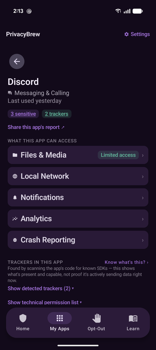 App detail screen showing access and unusual flags