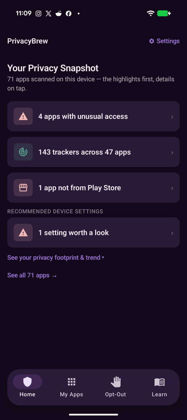 PrivacyBrew home screen showing a privacy snapshot with unusual access and tracker counts