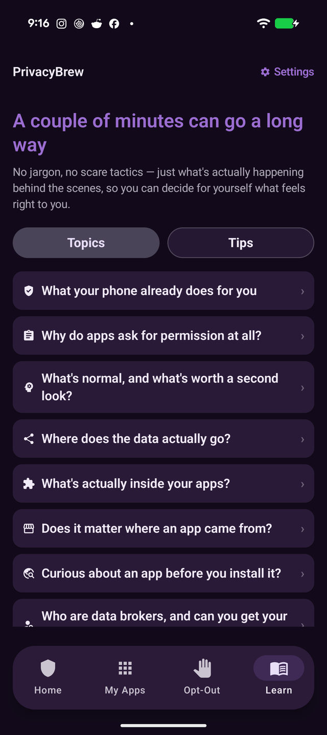 Learn tab with plain-language privacy topics