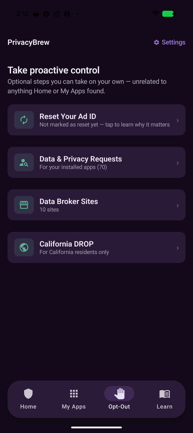 Opt-Out tab with reset ad ID, data & privacy requests, data broker sites, and California DROP cards